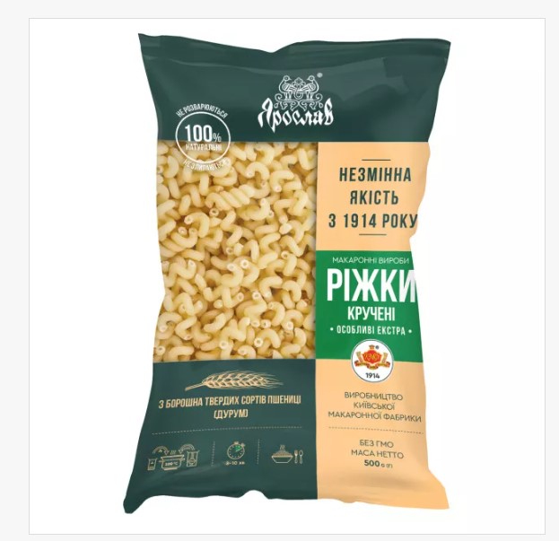 Макаронні вироби із борошна твердих сортів пшениці група А, тип ріжки , бренд Ярослав